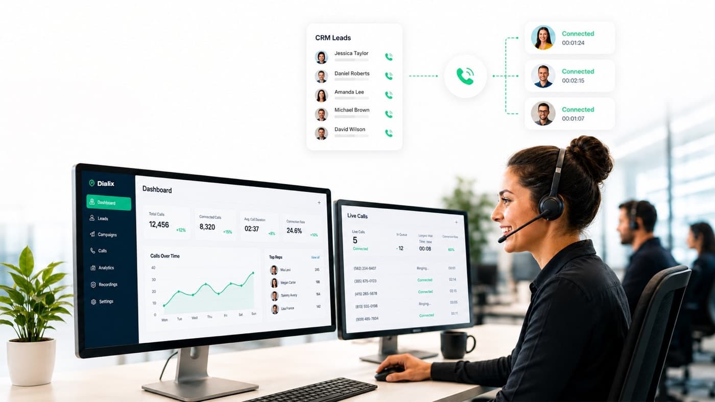 Rep on a live call with the Dialix dashboard and parallel dialing